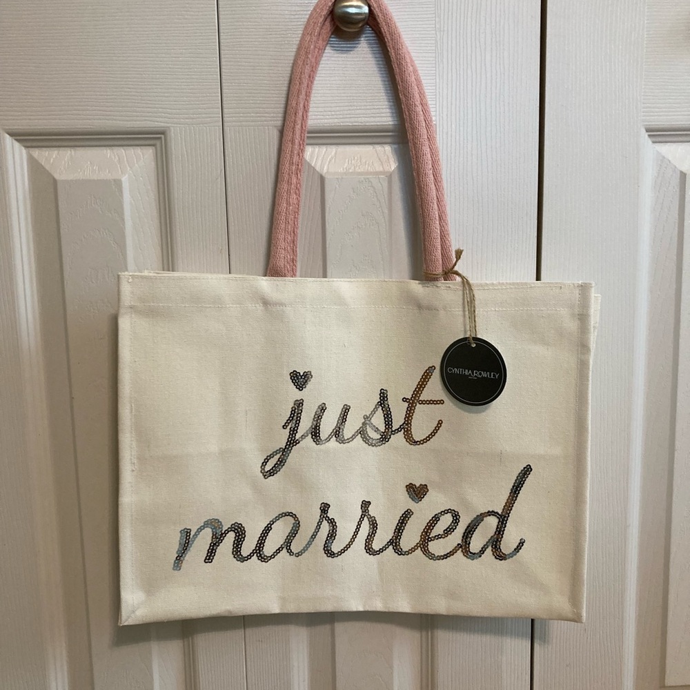 COPY🍀NWT Cynthia Rowley “Just Married” Reusable Canvas Tote Bag w/Silver Seq…